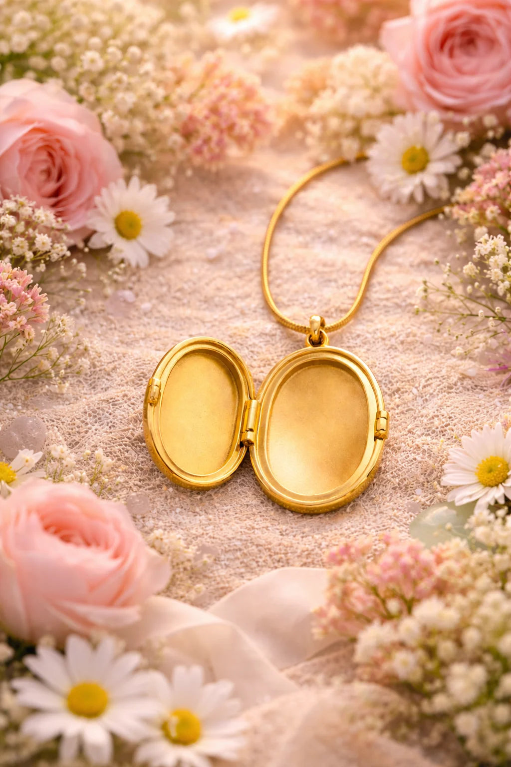 Gold oval locket necklace with hinged open oval center and thin gold chain.