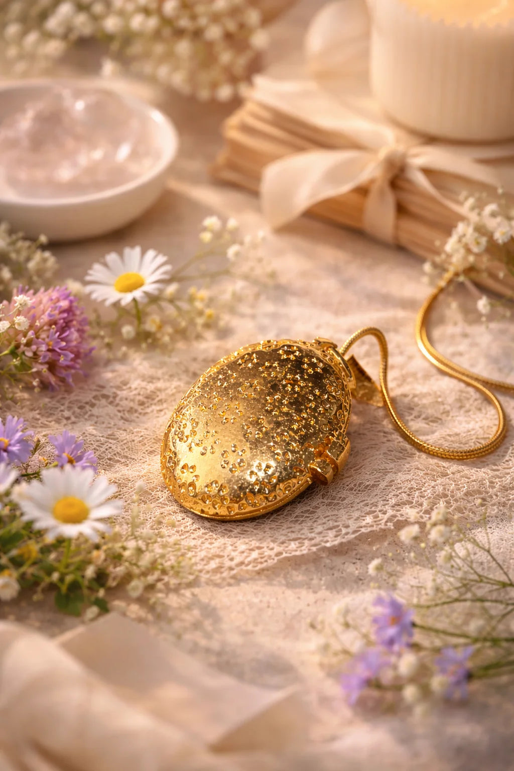Gold glitter oval locket necklace with looped gold chain, closed.