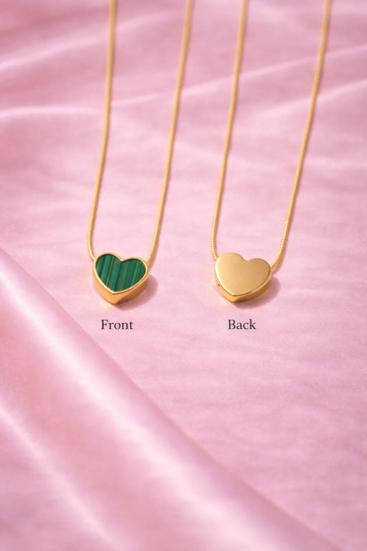 Reversible heart necklace: green front and gold back heart pendant