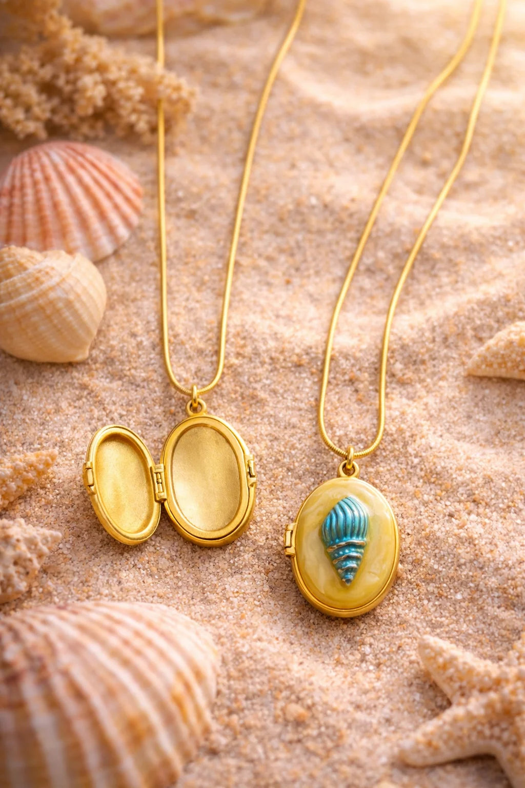 Gold-tone necklace with oval reversible shell pendant and matching oval stud earrings