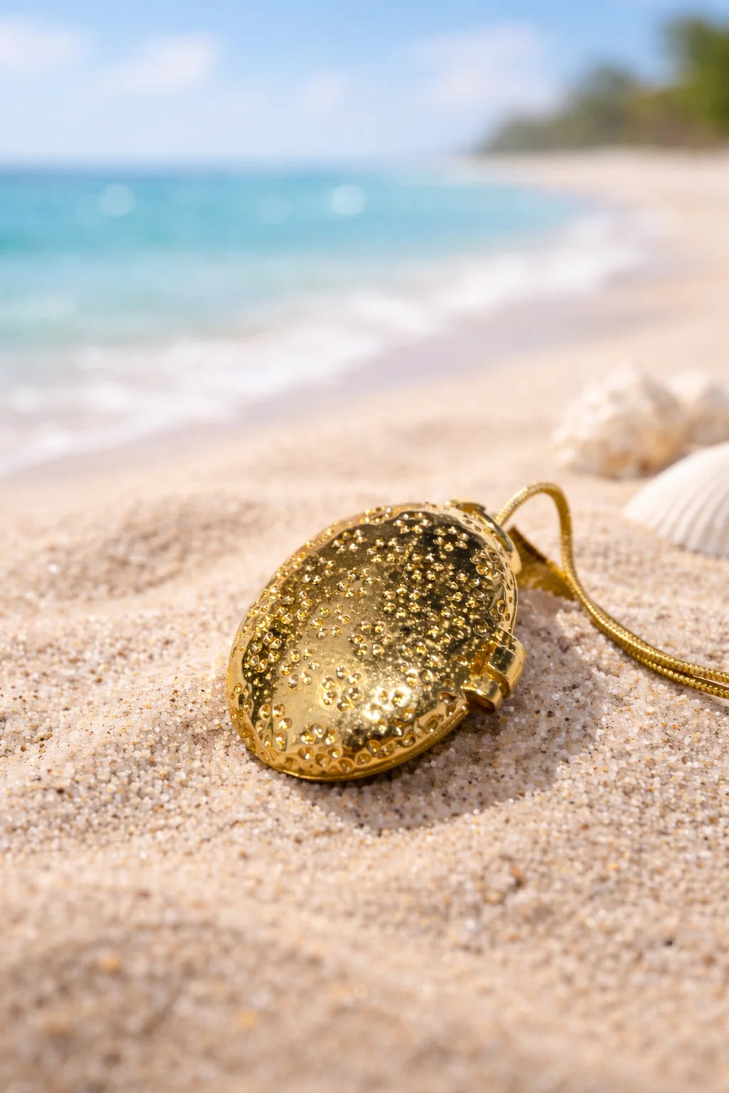 Gold-tone glitter oval pendant with shell-like scalloped edge and loop bail