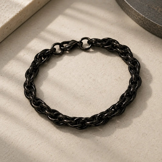Black metal chain bracelet with oval links and small clasp rings
