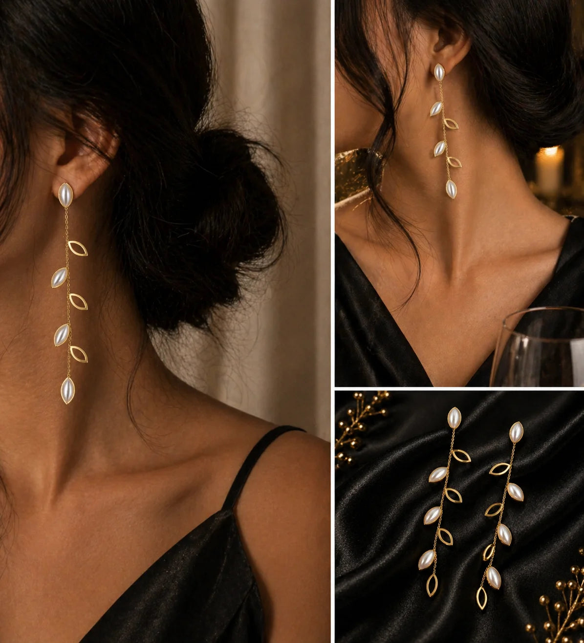 Gold-plated leaf and pearl-like drop statement earrings with dangling chain style