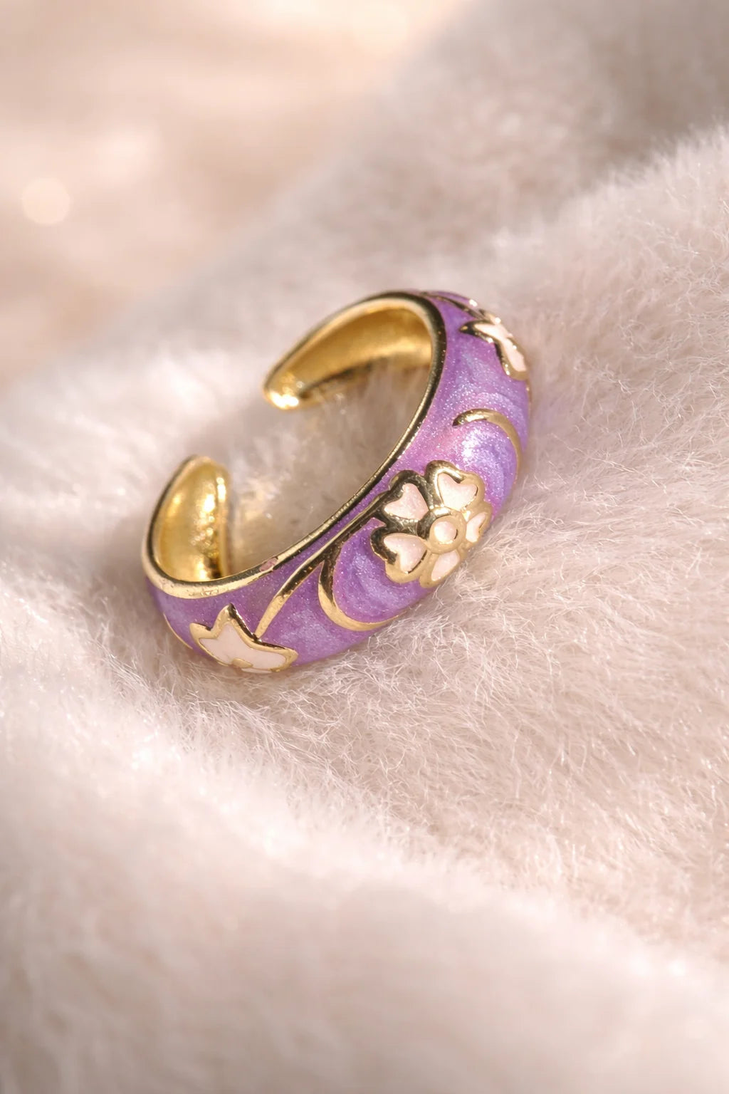 Purple enamel cuff ring with gold-tone floral accents and vine detailing
