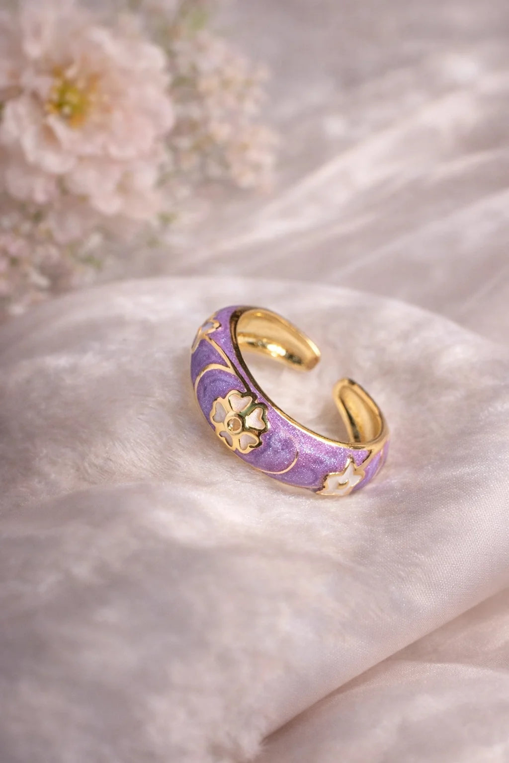Purple enamel open cuff ring with gold-tone floral and swirl inlay