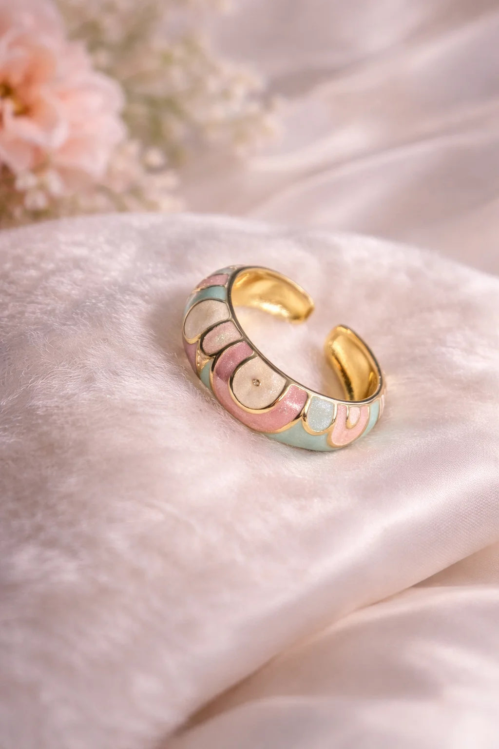 Pastel enamel cuff ring with gold-tone open ends and scalloped band segments