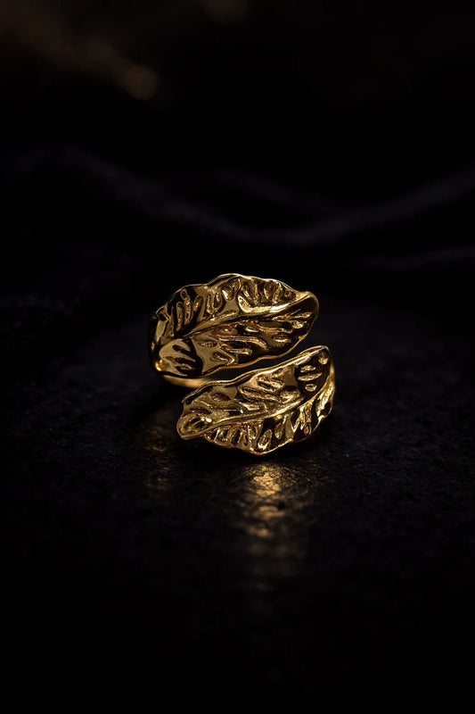 Leaf Affair ring with textured gold leaf design, wide band