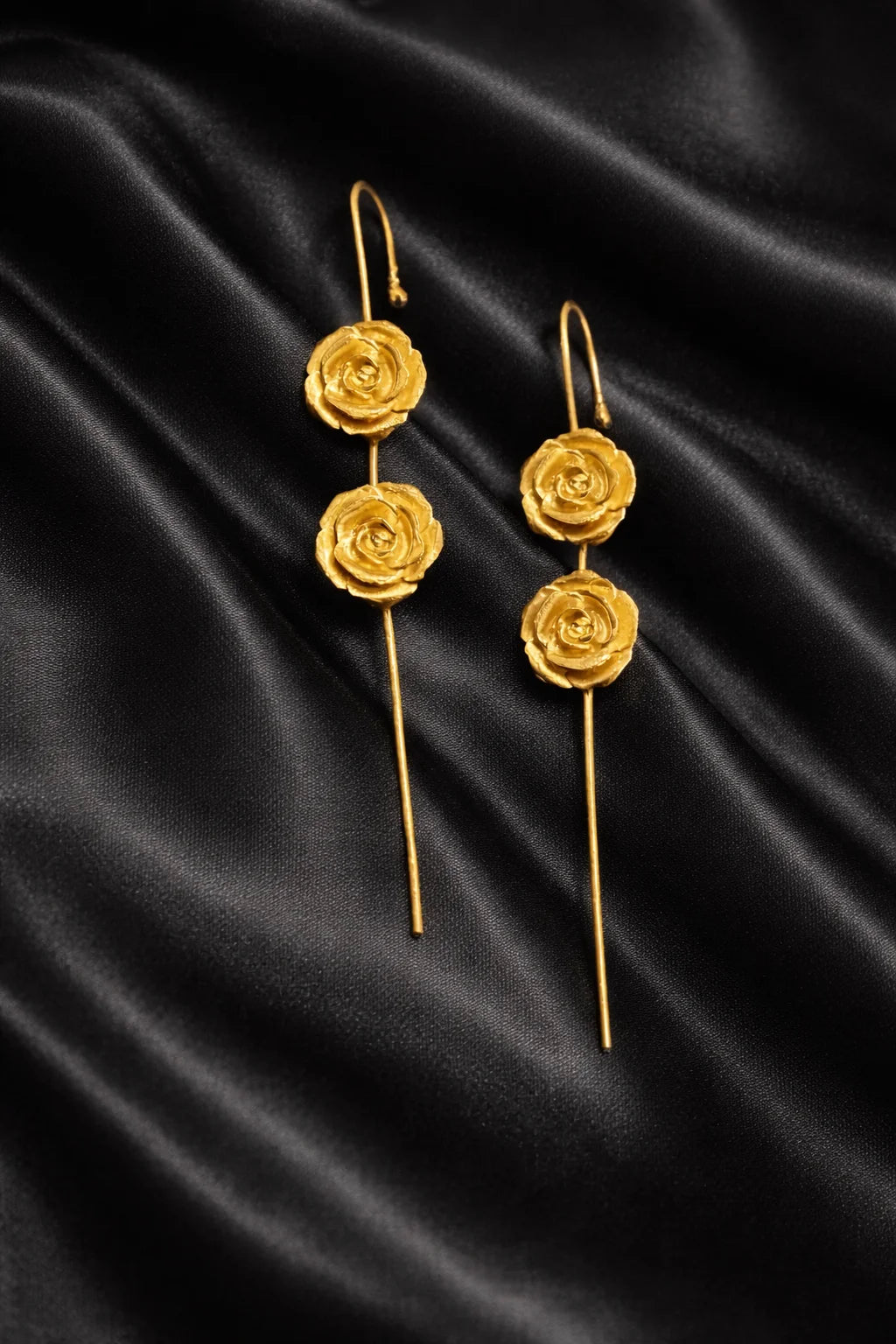 Gold-tone rose ear cuffs with two stacked flower drops and long pin back