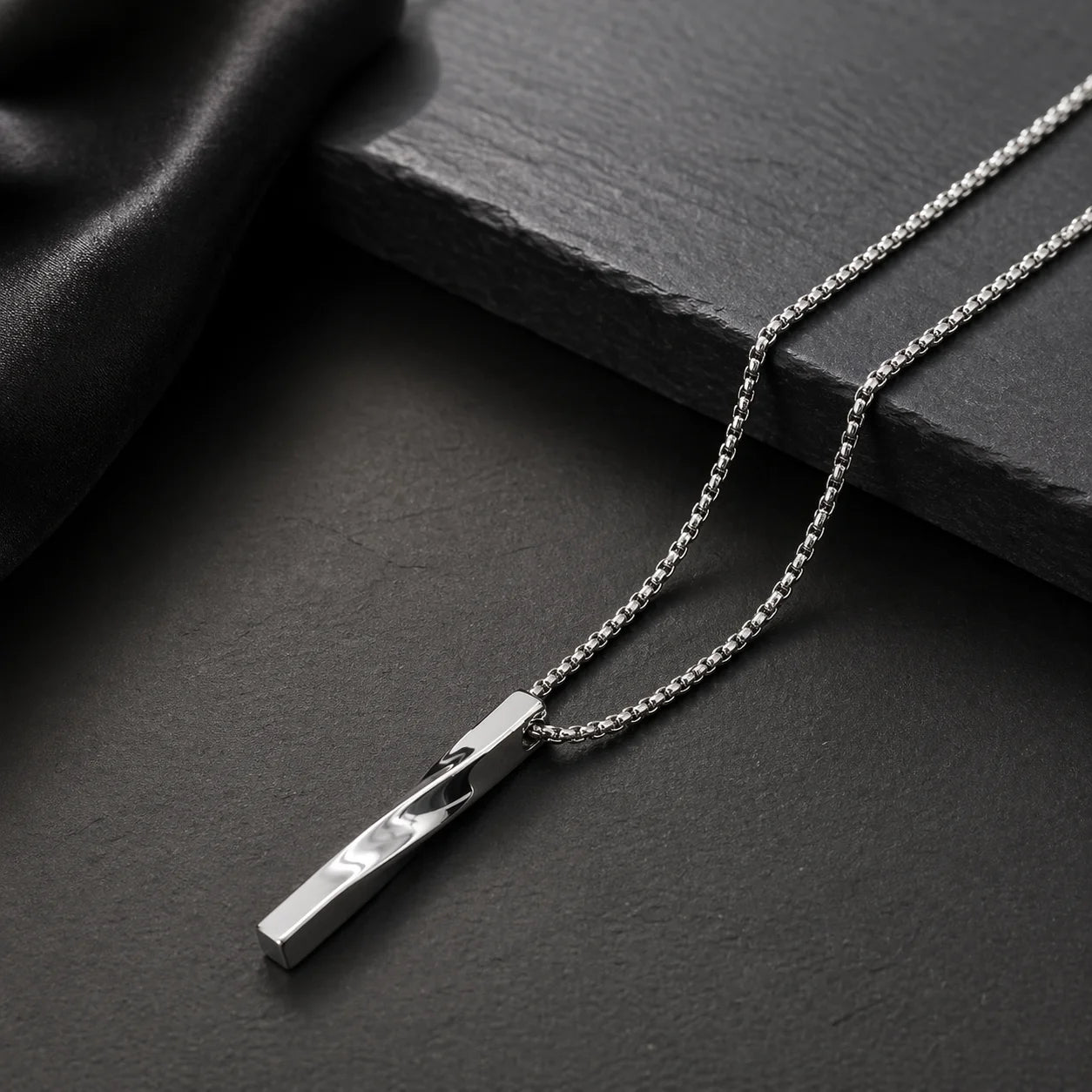 Silver-tone bar pendant necklace with rectangular charm on link chain