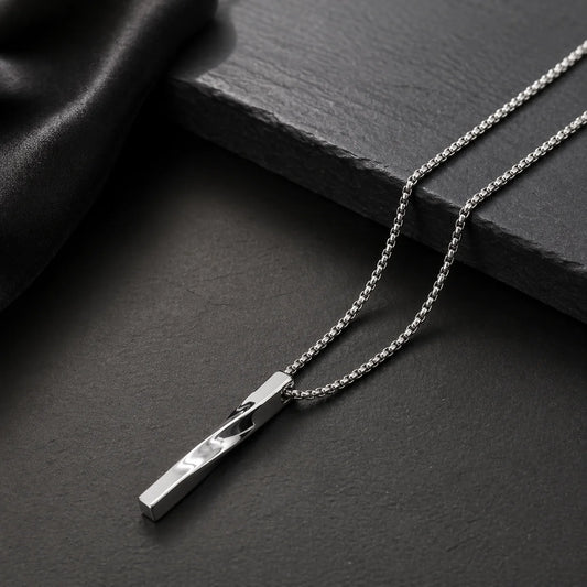 Silver-tone bar pendant necklace with rectangular charm on link chain