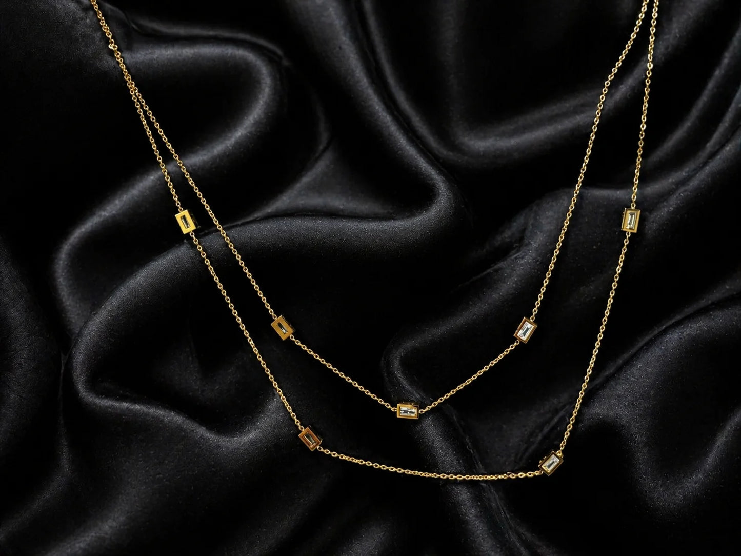 18K gold plated layered necklace with small square charm links on gold chain