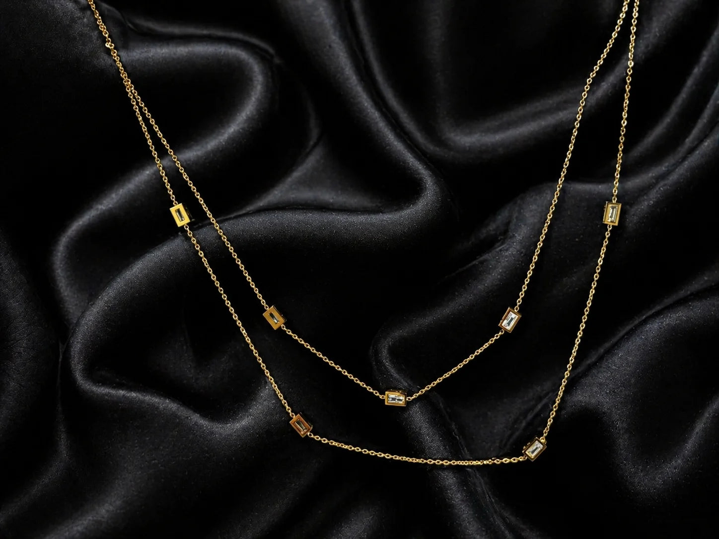 18K gold plated layered necklace with small square charm links on gold chain