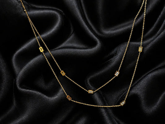 18K gold plated layered necklace with small square charm links on gold chain