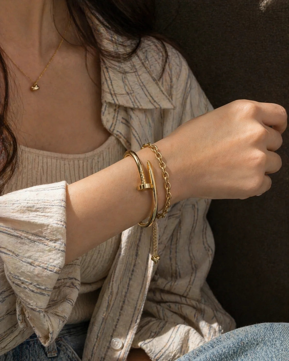 Gold-tone stacked bracelet set with chain and star charm