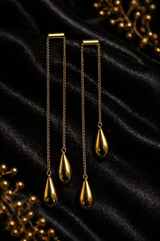 18K gold plated tear-drop statement earrings with gold-tone chain and teardrop pendants