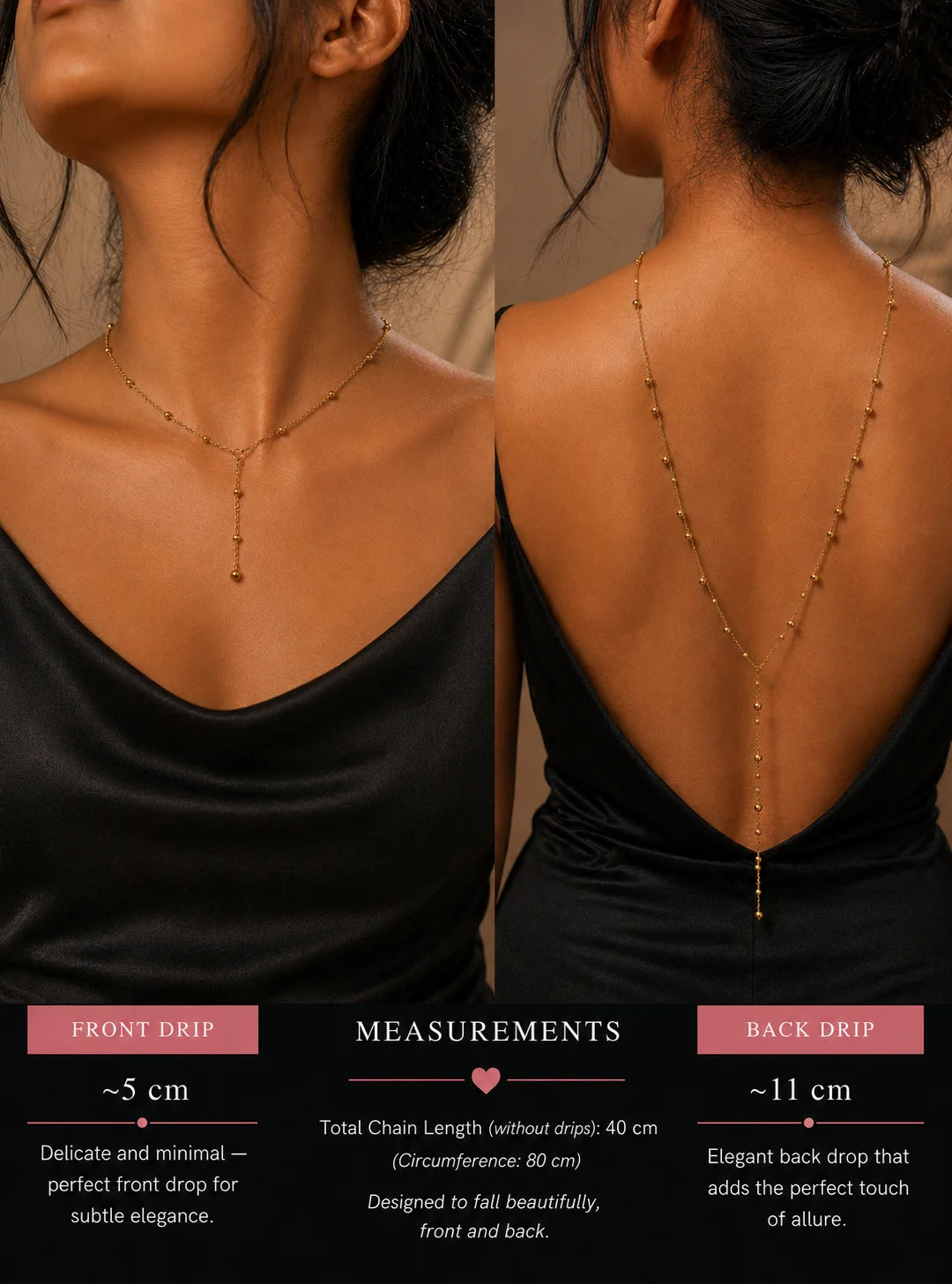 Backdrop chain necklace with vertical gold-tone drape and bead drops on open back
