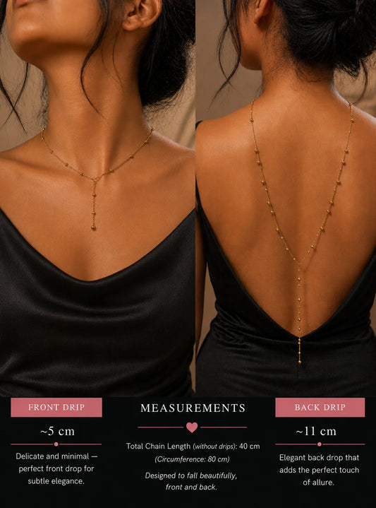 Backdrop chain necklace with vertical gold-tone drape and bead drops on open back