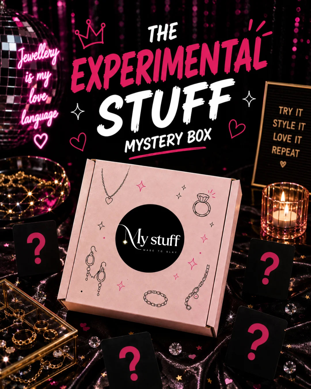 Mystery box package with pink “My stuff” label and jewelry charm icons