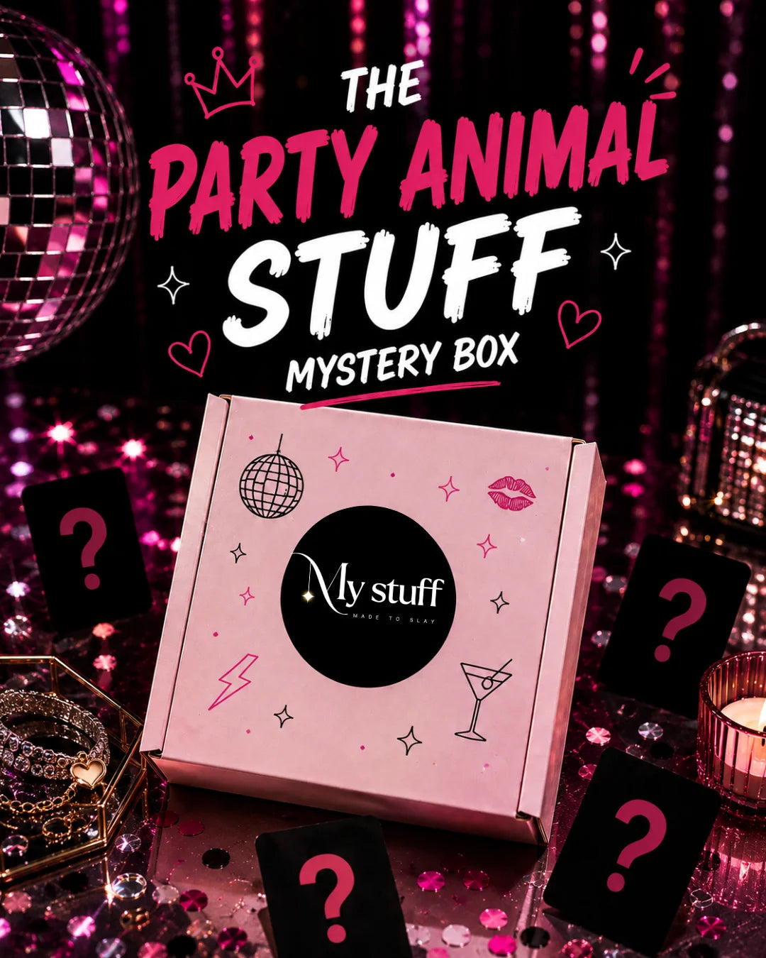 Mystery box gift with pink design and My stuff label on front panel
