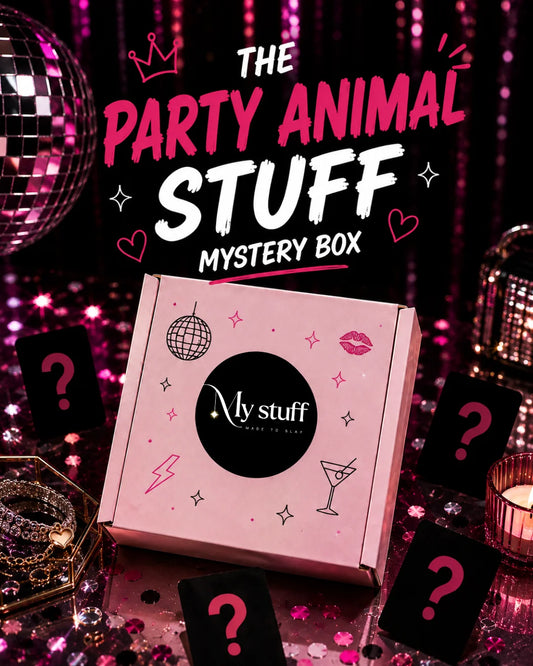 Mystery box with pink cover and black “My stuff” circle label, plus stars, lips, and globe icons