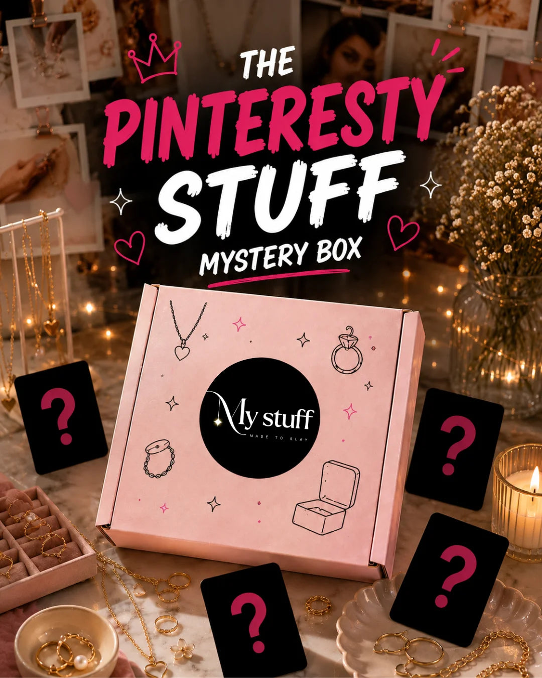 Mystery box with pink pattern and round 'My stuff' label