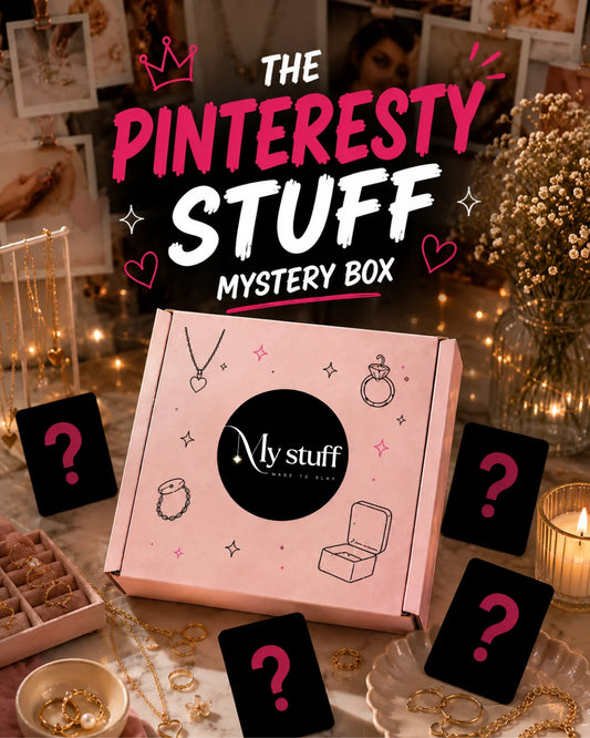 Mystery box with pink pattern and round 'My stuff' label