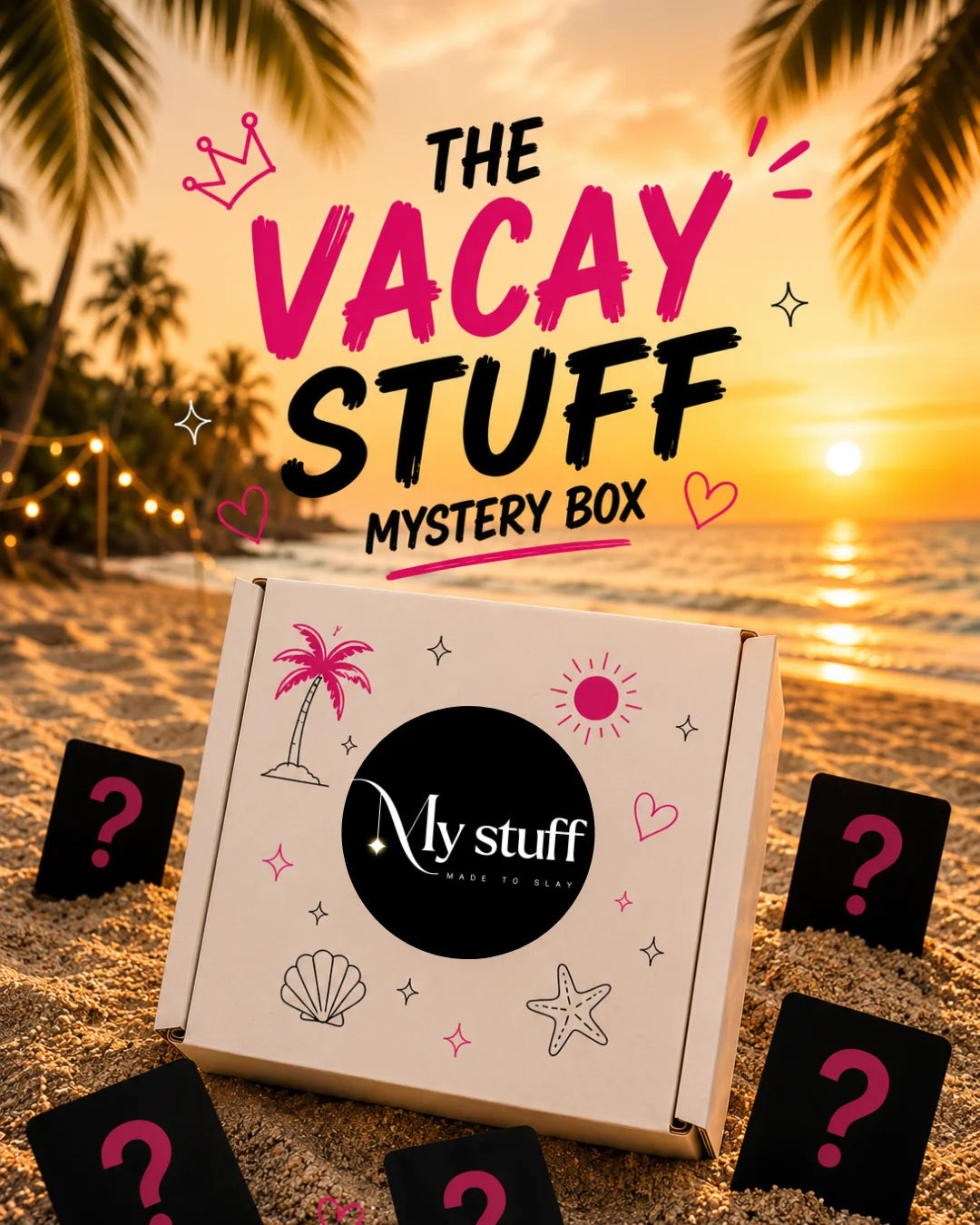 Mystery box package with 'My stuff' logo, pink icons, and question-mark cards