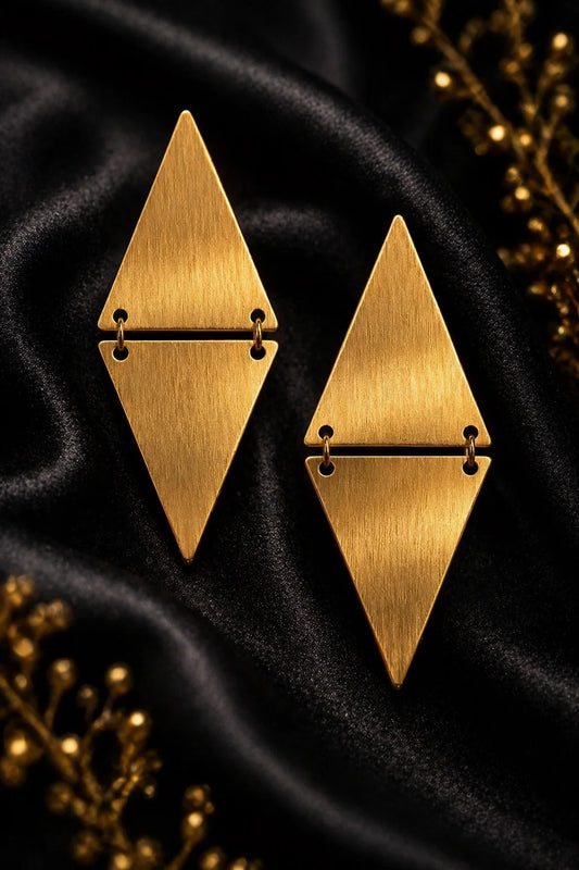 Pair of gold triangular dangle earrings with bar accents and loop details