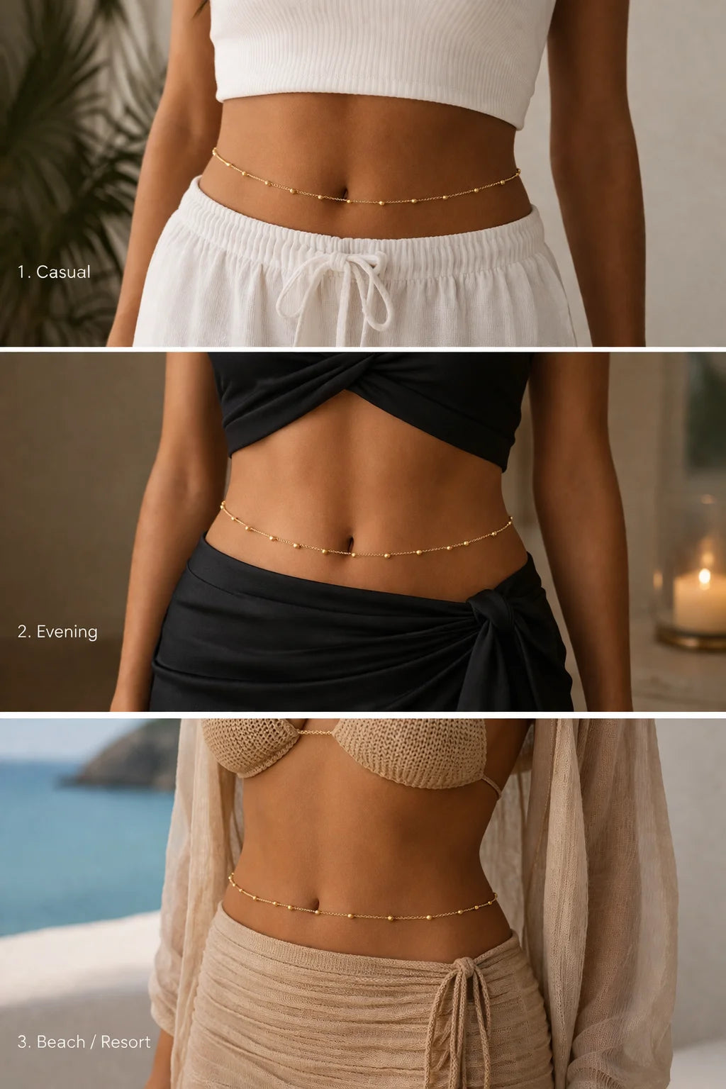 Gold waist chain worn around the waist with small bead segments