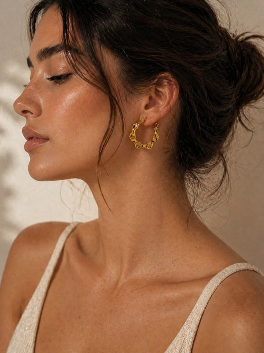 Textured gold hoop earrings, 18K gold-plated wiggle style