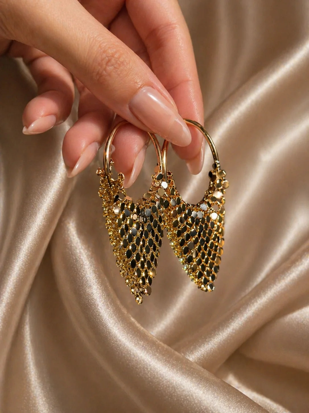 Gold hoop earrings with triangular dangling sequin drape mesh fringe