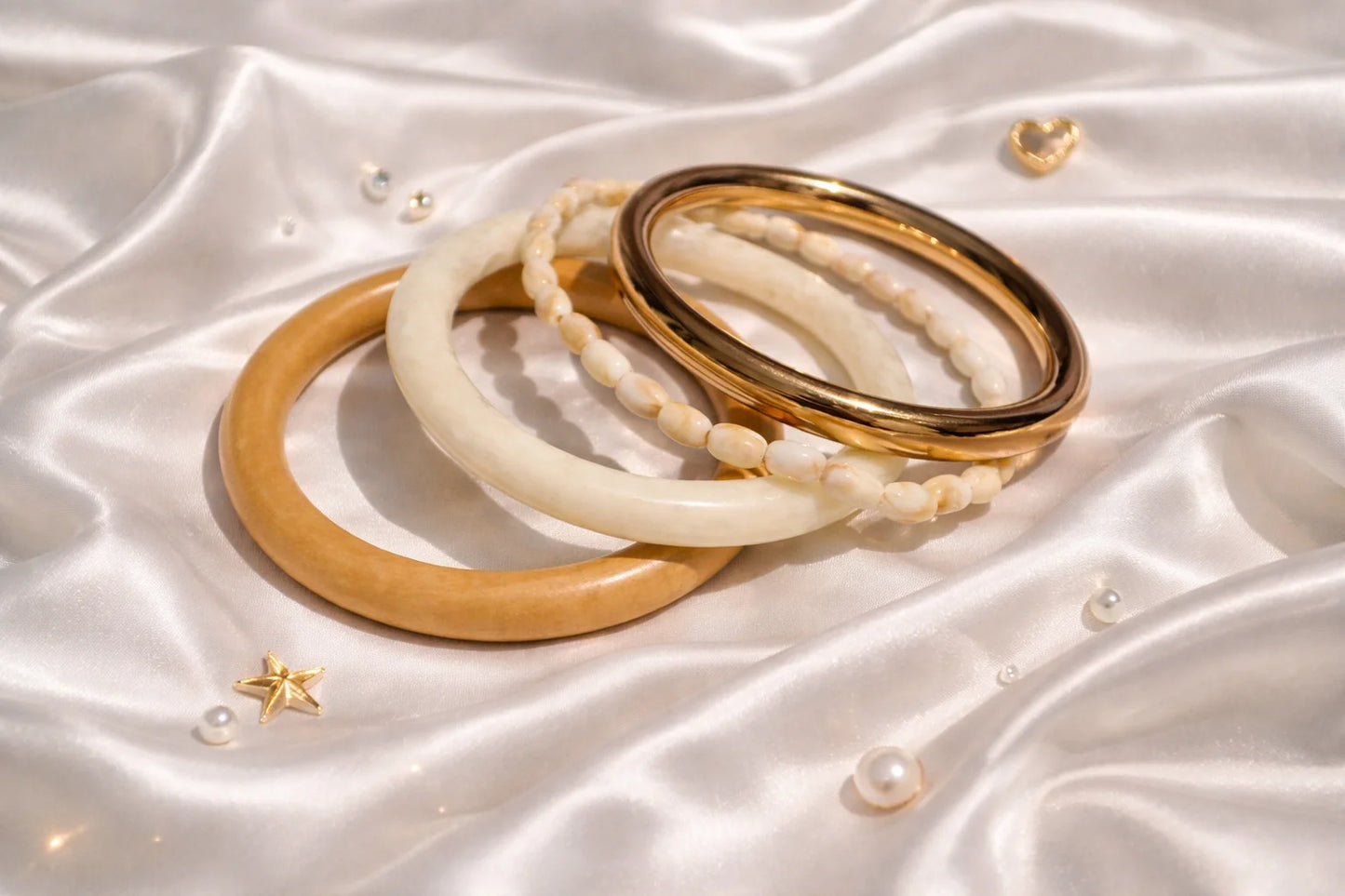 Resin and wooden kada bangles with gold accent and white beaded bracelets