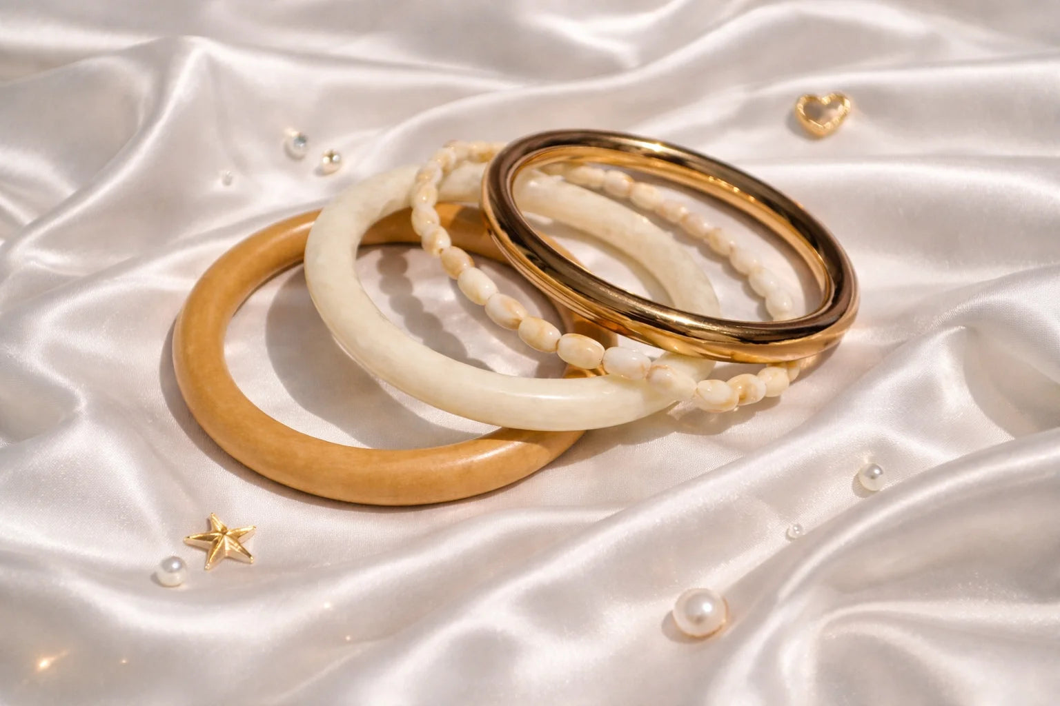 Resin and wooden kada bangles with gold accent and white beaded bracelets
