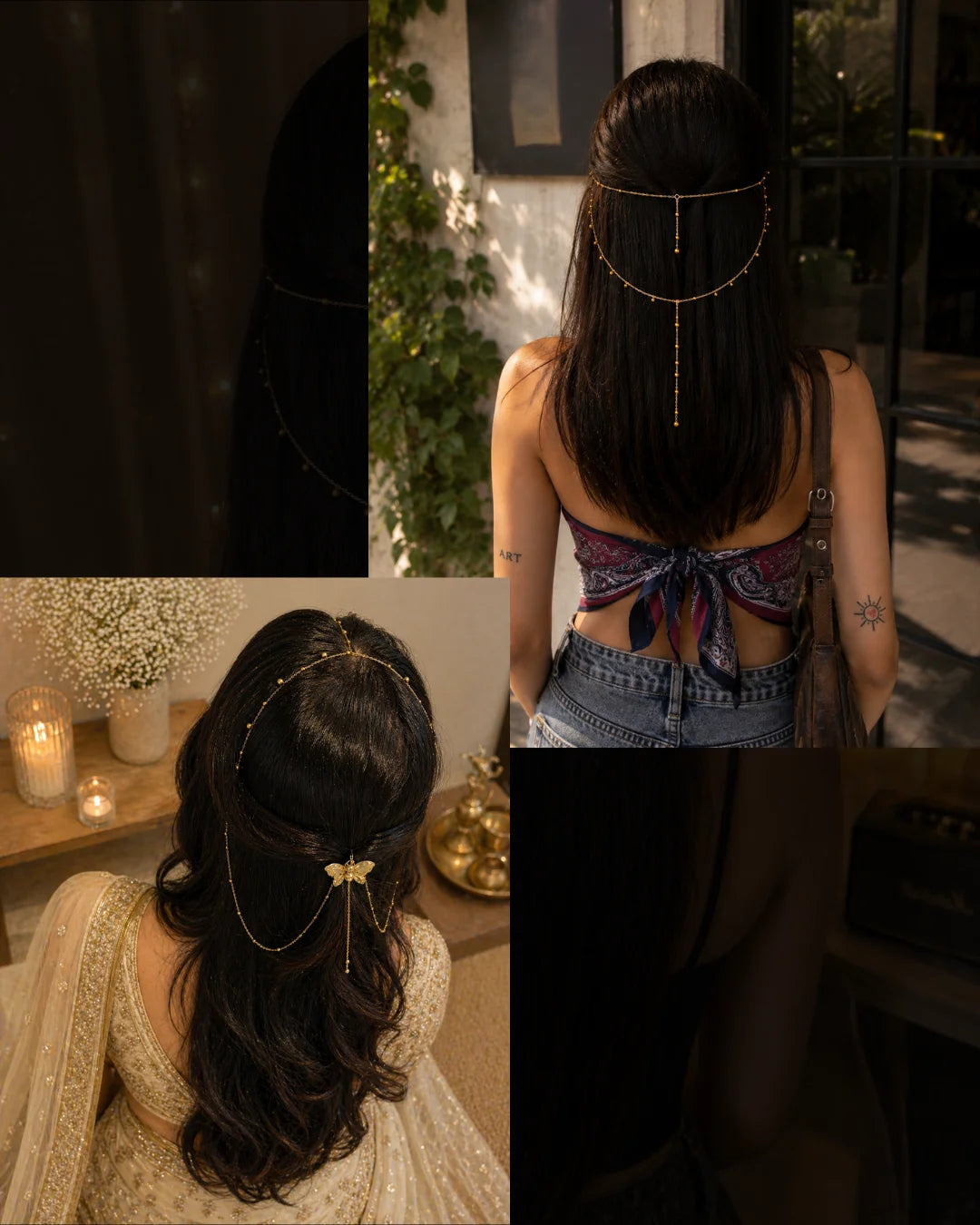 Backdrop chain hair accessory with gold-tone chain drape down the back of head